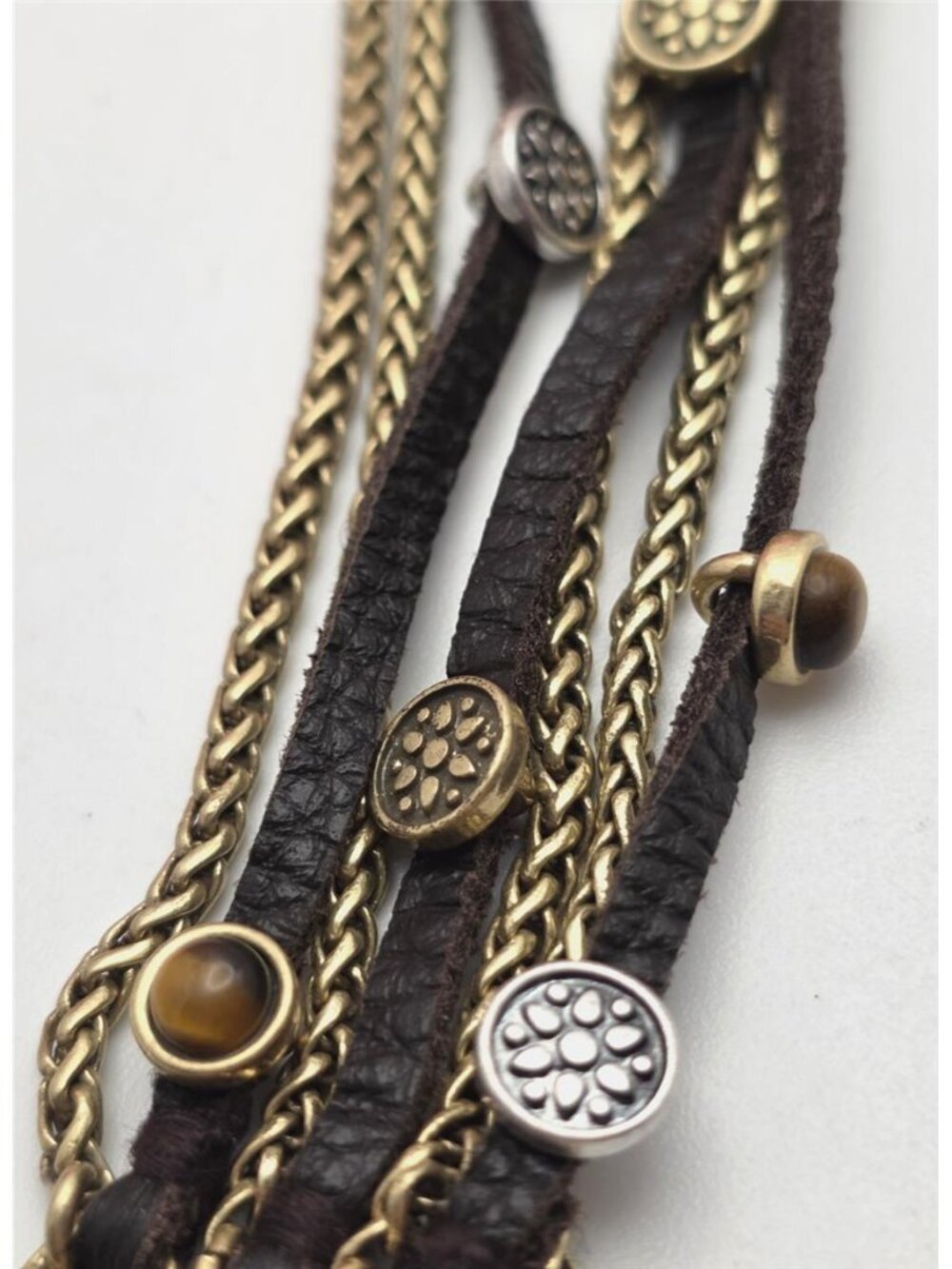 Lucky Brand Tiger's Eye Charm Gold Tone Multi Chain Leather Bracelet 7" - Picture 3 of 8